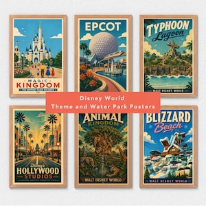 Peut inclure: Un ensemble de six affiches encadrées illustrant les parcs à thème et parcs aquatiques de Disney World, incluant Magic Kingdom, Epcot, Typhoon Lagoon, Hollywood Studios, Animal Kingdom et Blizzard Beach, avec leurs noms respectifs imprimés.