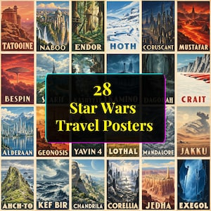 Op de afbeelding: Een verzameling van 28 Star Wars reisaffiches met diverse planetaire landschappen, waaronder Tatooine, Naboo, Endor, Hoth, Coruscant, Mustafar, Bespin, Crait, Alderaan, Geonosis, Yavin 4, Lothal, Mandalore, Jakku, Ahch-To, Kef Bir, Chandrila, Corellia, Jedha en Exegol.