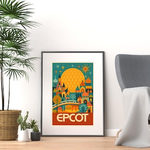 Retro EPCOT Poster – Disney World Wall Art – Digital Download – World Showcase & Spaceship Earth Print