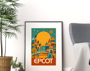 Póster retro de EPCOT – Arte mural de Disney World – Descarga digital – World Showcase e impresión de Spaceship Earth