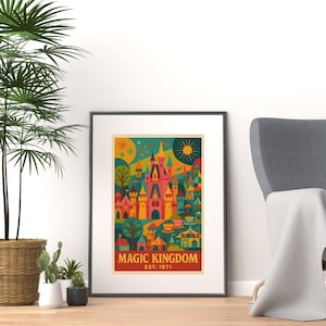 Retro Magic Kingdom-poster – Kleurrijke Disney-muurkunst – Digitale download