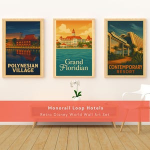 Disney World Hotel Poster Set – The Monorail Loop – Retro 70s Disney Wall Art – Digital Download