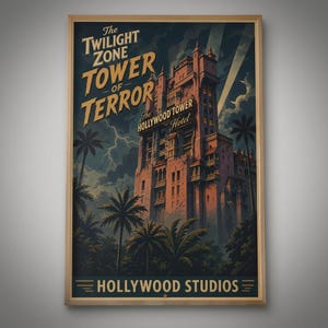 Poster van de Tower of Terror, Hollywood Tower Hotel Disney reisposter, Hollywood Studios muurdecoratie, printbare download