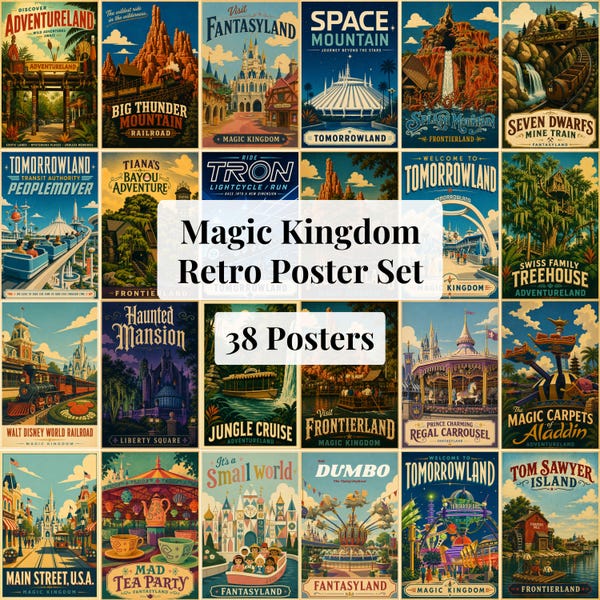 Retro Magic Kingdom Poster Set, Disney Wall Art (Digital Download)