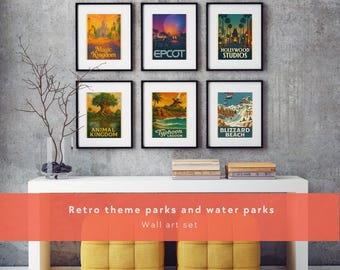 Disney World Theme Park & Water Park Posters | Magic Kingdom, EPCOT, Hollywood Studios, Animal Kingdom, Typhoon Lagoon, Blizzard Beach