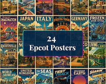 Epcot Poster Set, 24 Retro Future World Prints, Disney Wall Art Digital Download