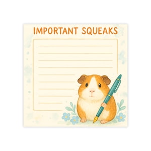 以下が含まれることがあります： 上部に「IMPORTANT SQUEAKS」の文字が入った正方形のメモ帳。青い花に囲まれたペンを持つモルモットの水彩イラストが特徴です。メモ帳には罫線が入っています。