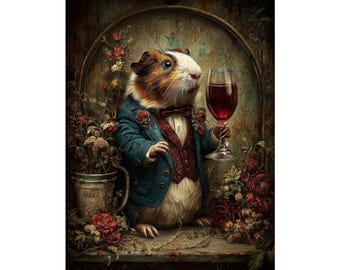 Dapper Guinea Pig Art Print, Whimsical Animal Wall Art, Victorian Style Poster