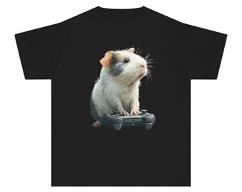 Camiseta juvenil de conejillo de indias jugando a la consola de videojuegos - Camiseta de videojuegos para roedores