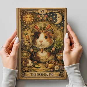 May include: A tarot card illustration featuring a guinea pig wearing a crown and cape, holding a scepter and greens. The card is framed with celestial elements and the text "THE GUINEA PIG".
