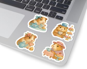 Pegatinas de fiesta de té con conejillos de indias: Calcomanías de animales en acuarela para computadora portátil y álbum de recortes.