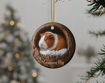 Puede incluir: Adorno navideño redondo con un conejillo de indias durmiendo dentro de un tronco hueco. El conejillo de indias es marrón y blanco, descansando sobre un lecho de pelusa blanca. Las palabras "Guinea Pig" están impresas debajo.