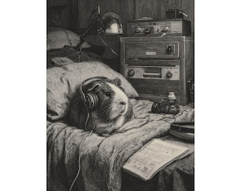 Cozy Guinea Pig Art Print – Music Lover Bedroom Decor