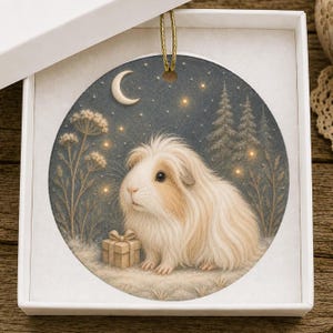 Könnte beinhalten: Ein rundes Keramikornament mit einem langhaarigen cremefarbenen und weißen Meerschweinchen, das neben einem kleinen Geschenk sitzt. Der Hintergrund zeigt eine nächtliche Szene mit einer Mondsichel, leuchtenden Sternen, Tannen und hohen Wildblumen.