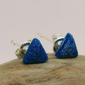 May include: A pair of small, triangular stud earrings. The earrings are a deep blue color with a speckled texture, set on silver posts. The earrings are displayed on a piece of driftwood against a soft, neutral background.