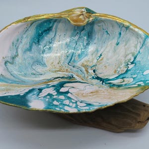 Ocean-Inspired Seashell Trinket Dish | Hand-Painted Coastal Jewelry Holder with Gold Trim