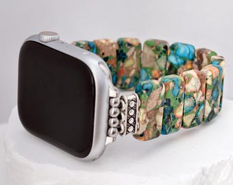 Bohemian Apple Watch Band-38mm-49mm 10-11 Series-Natural Stone-jasper watch band-gift for her-Handmade Elastic Solo Loop Stone Beaded110701