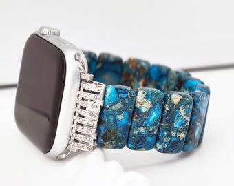 Apple Watch Bands Stones-38mm-49mm 10-11 Series-Natural Stone-Hand Made Band-gift for her-BLUE Jasper Beaded Apple Watch Strap-1108-2