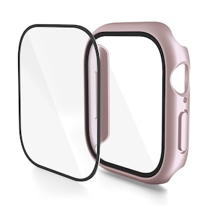 May include: A rose gold smartwatch case and screen protector set. The case has a smooth finish with cutouts for buttons and sensors. The screen protector is clear with a black border, designed to fit the watch face. The items are displayed against a white background.