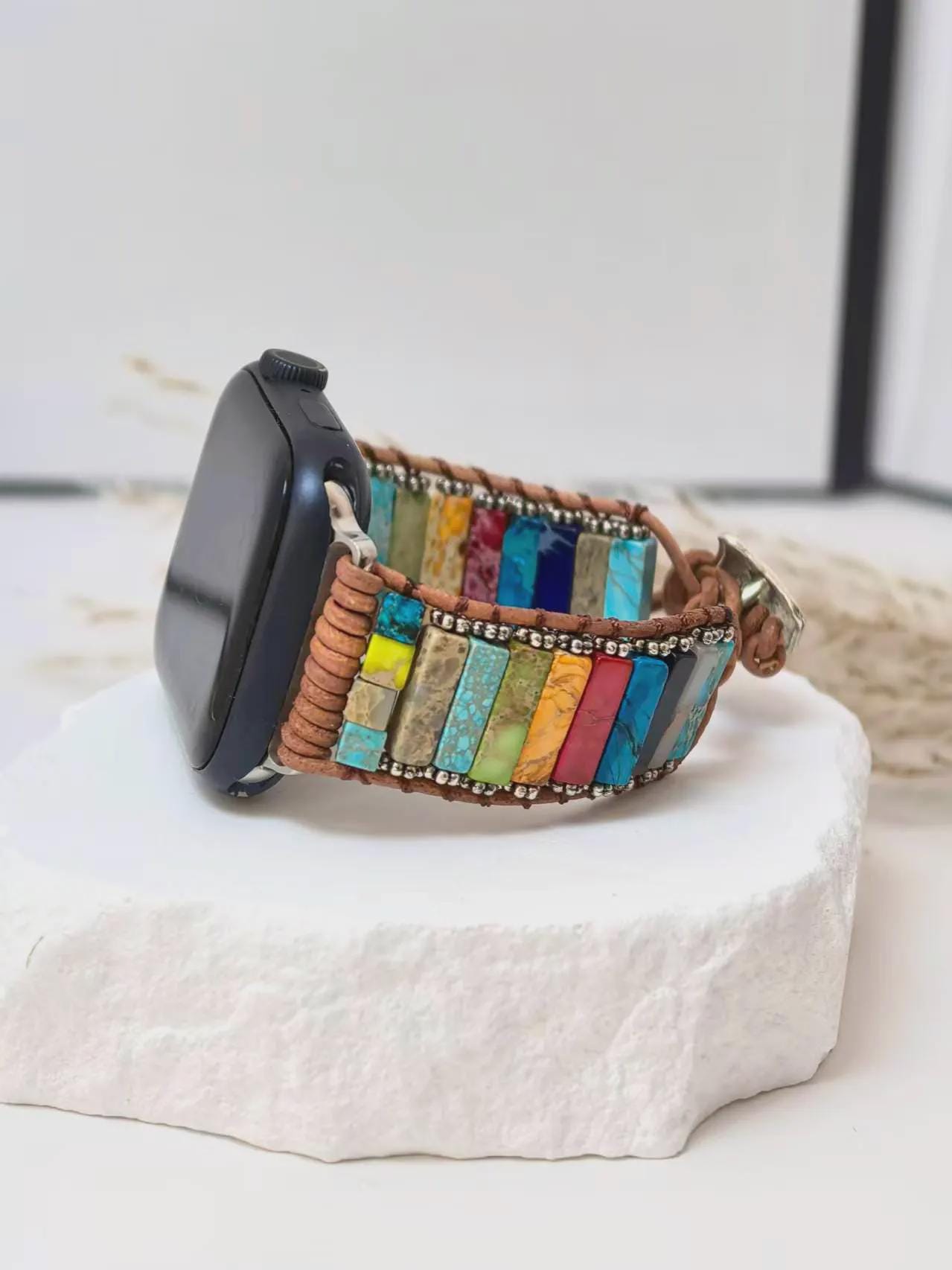 NEW Boho Leather Beaded Natural Stone Apple Watch Band with Case Wearlizer Boho Beads Band for Apple Watch Series 8/7/6/5/4/3  main image 3