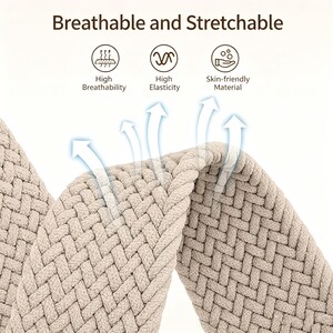 Puede incluir: Un cintur&oacute;n de tela tejida en color beige con un patr&oacute;n trenzado texturizado. La imagen incluye el texto Breathable and Stretchable, con iconos etiquetados como High Breathability, High Elasticity y Skin-friendly Material, junto con flechas hacia arriba.