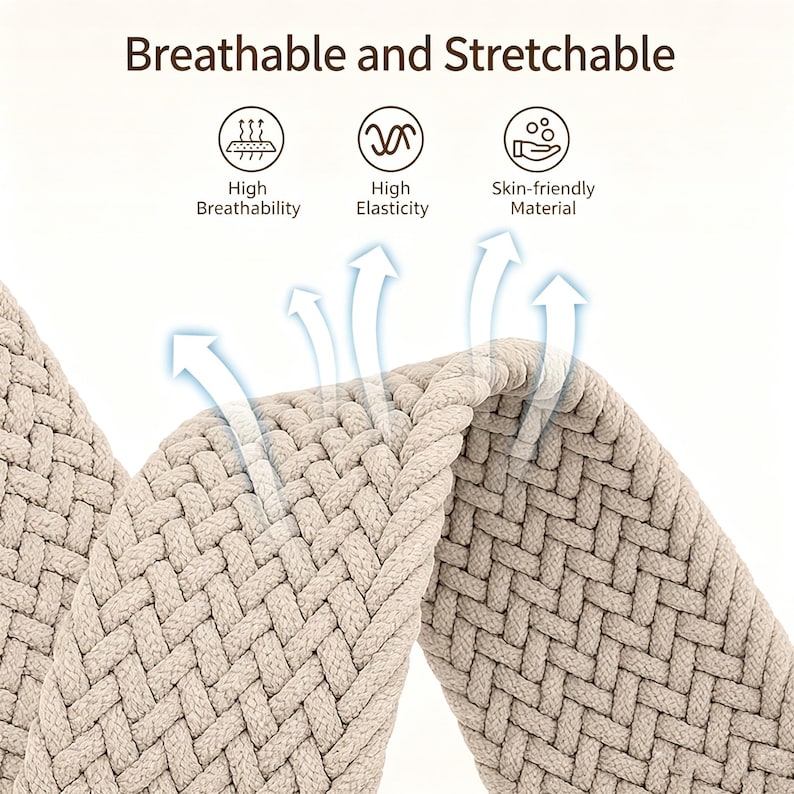 Puede incluir: Un cintur&oacute;n de tela tejida en color beige con un patr&oacute;n trenzado texturizado. La imagen incluye el texto Breathable and Stretchable, con iconos etiquetados como High Breathability, High Elasticity y Skin-friendly Material, junto con flechas hacia arriba.