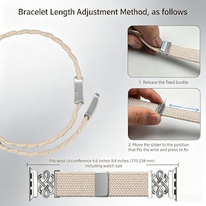 Puede incluir: Una correa de reloj trenzada de color beige con herrajes met&aacute;licos plateados y una hebilla deslizante para ajustar la longitud. El texto dice Bracelet Length Adjustment Method, as follows, 1. Release the fixed buckle, 2. Move the slider, para 170-238 mm.