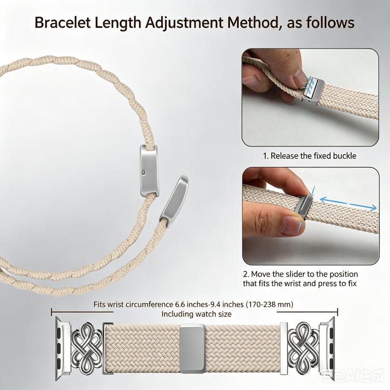 Puede incluir: Una correa de reloj trenzada de color beige con herrajes met&aacute;licos plateados y una hebilla deslizante para ajustar la longitud. El texto dice Bracelet Length Adjustment Method, as follows, 1. Release the fixed buckle, 2. Move the slider, para 170-238 mm.