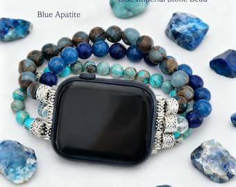 Bohemian Apple Watch Band-Natural Stone-38mm-49mm 10-11 Series-Handmade Bracelet Watch Strap-Blue Apatite Crystal Bead Apple Watch Band10202