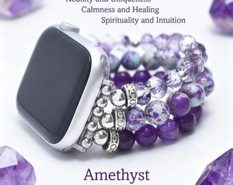 Fluorite Crystal Beaded Apple Watch Band-38mm-49mm 10-11 Series-Handmade Bracelet Apple Watch Strap-Amethyst beaded watch strap-gift for her