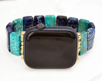 Bohemian Apple Watch Band-38mm-49mm 10-11 Series-Natural Stone-gift for her-Handmade Elastic Solo Loop Stone Beaded Bracelet-gift for her