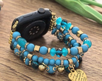 Correa elástica bohemia para Apple Watch, hecha a mano, de 38 a 49 mm (S10/11), con cuentas azules, estilo bohemio chic.