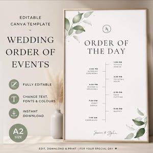 May include: An editable wedding order of the day sign template featuring green watercolor leaves, a vertical timeline, and black text. The design includes a monogram, event times from 1:30 PM to 1:00 AM, and the names Jessica & Stephen in script.