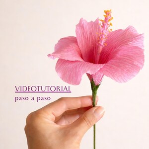 Könnte beinhalten: Eine handgefertigte rosa Hibiskusblüte mit grünem Stiel und gelben Staubgefäßen. Die Blüte wird von einer Hand gehalten. Der Text "VIDEOTUTORIAL paso a paso" wird unten links angezeigt.