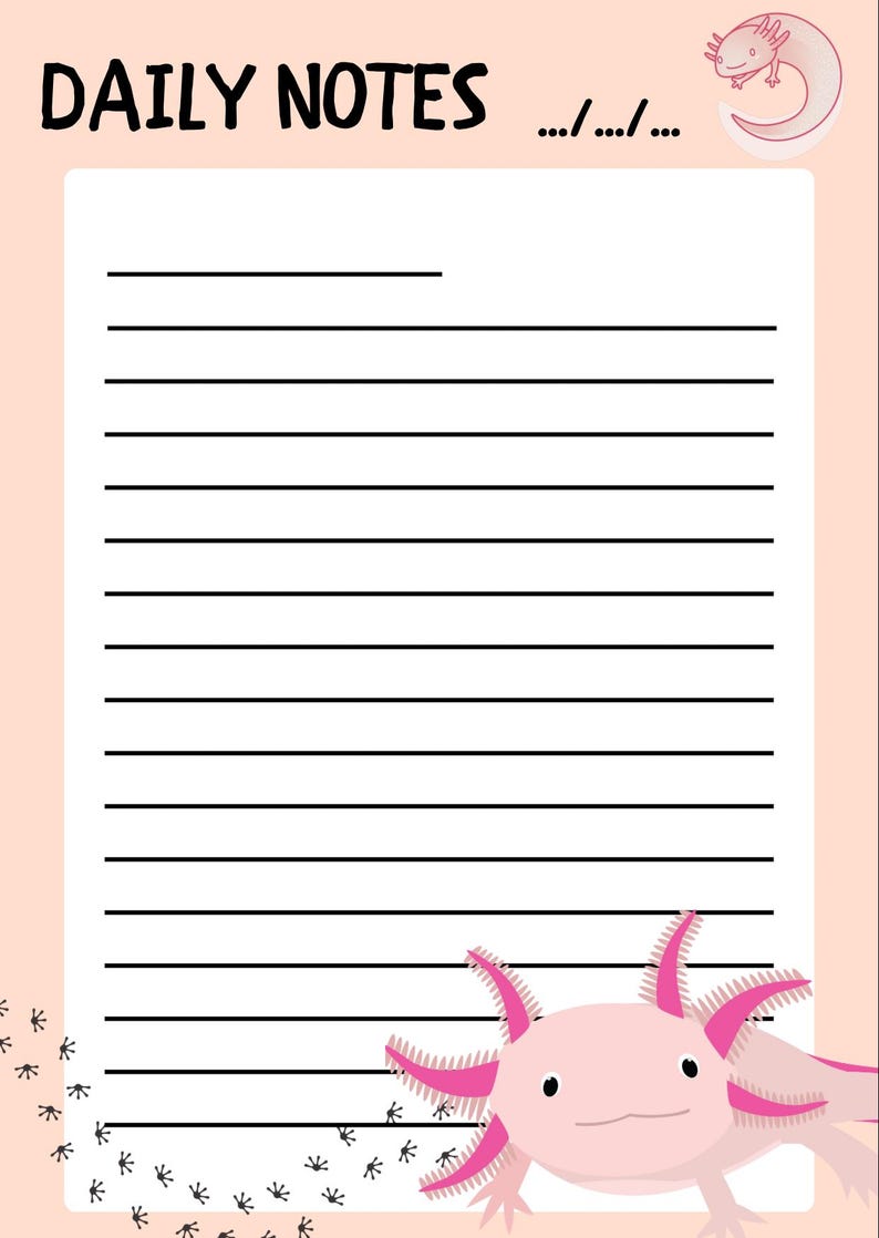 Cute Axolotl Daily Notes Page, Printable Kawaii Stationery, Pink ...