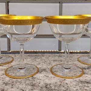 Vintage Tiffin Franciscan Champagne Glasses Gold Rim and Base ~  Set Of 4