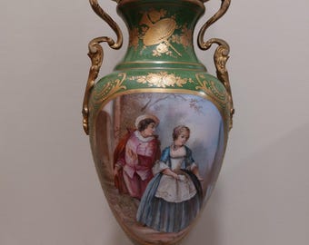 Antique Sevres Style Porcelain Lamp Hand Painted French Courting Scene Signed Maurice Vintage Green Urn Table Light Ormolu Bronze Mounts