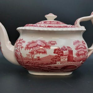 Vintage Copeland Spode Pink Tower Teapot, Red Transferware Tea Pot England 1920-1957, Vintage Earthenware Replacement China Cottagecore