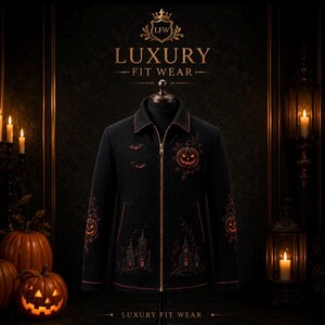 May include: A black zip-up jacket featuring orange embroidered details including pumpkins, bats, and gothic castle silhouettes. The text "LUXURY FIT WEAR" appears at the top and bottom. The jacket has a collared neckline and a central gold-toned zipper.