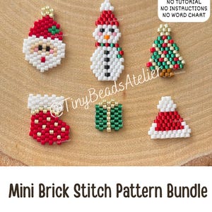 May include: A selection of beaded Christmas decorations, featuring Santa Claus, a snowman, a Christmas tree, a stocking, a gift, and a Santa hat. The ornaments are crafted with red, white, green, and gold beads. The text "Mini Brick Stitch Pattern Bundle" and "INSTANT DOWNLOAD PDF" are also visible.