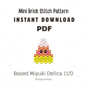 May include: A digital PDF document titled Mini Brick Stitch Pattern Instant Download PDF featuring a graphic of a candy corn character made of beads. The text Based Miyuki Delica 11/0 and TinyBeadsAtelier are visible on the white background.