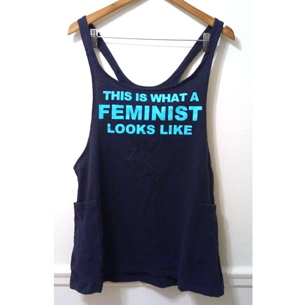 Feminist Slogan T Shirt Upcycled into Racerback Tunic with Patch Pockets and Deep Armholes