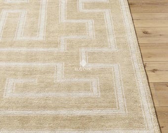 Alfombra beige anudada a mano, moderna alfombra Oushak geométrica anudada a mano para sala de estar y dormitorio, alfombra turca de lana hecha a mano, 23 x 30 cm