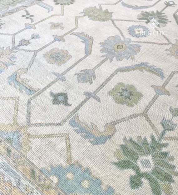 Muted Modern Oushak Hand Knotted Rug,  Handmade Oushak Rug for Living Room, Bedroom, Dining Area, Ivory Turkish Handmade Area Rug, Wool Rug