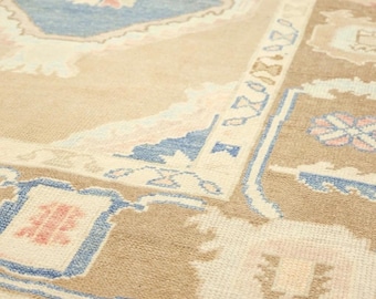 Alfombra Oushak tejida a mano en color moca, moderna alfombra Oushak anudada a mano en tonos pastel para sala de estar y dormitorio, alfombra turca de lana hecha a mano, alfombra color camello