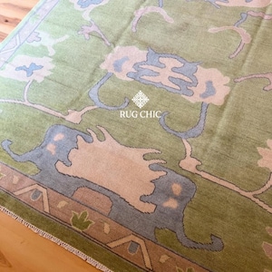 Tappeto Oushak moderno verde, tappeto di tendenza 8x10, 9x12, 10x14, tappeto Oushak annodato a mano per soggiorno, camera da letto, tappeto Oushak moderno turco