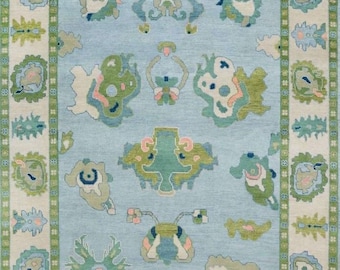 Pastel Blue Modern Oushak Rug, Hand Woven Area Rug, Colorful Oushak Rug, Hand Knotted Wool Beige-Blue Rug for Living Room, Nursery, Bedroom