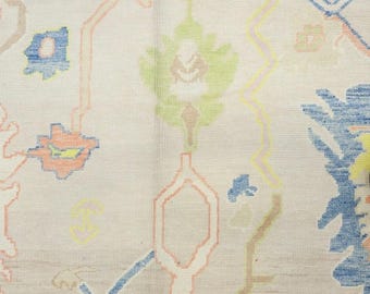 Alfombra Oushak colorida tejida a mano, moderna alfombra Oushak anudada a mano en tonos pastel para sala de estar y dormitorio, alfombra turca de lana hecha a mano, alfombra beige