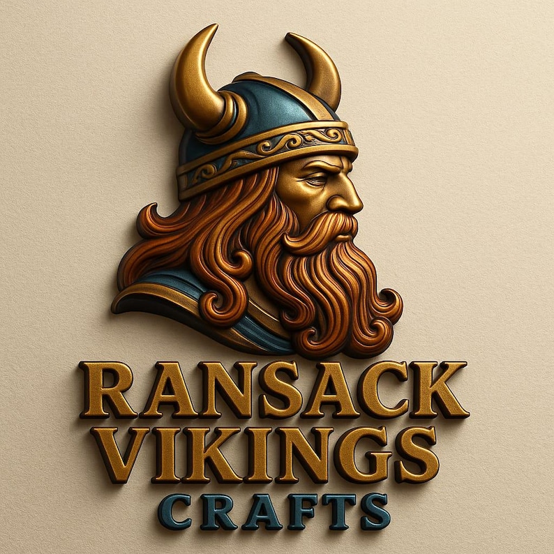 May include: A 3D rendering of a Viking head with a golden helmet and horns, a long red beard, and the text "RANSACK VIKINGS CRAFTS" in gold and blue. The image has a textured, neutral background.