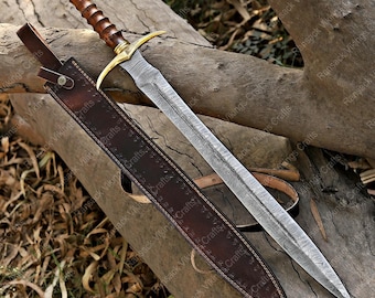 Handmade Damascus Steel Medieval Sword Viking Fantasy Cosplay Sword for Wall Decor with leather sheath